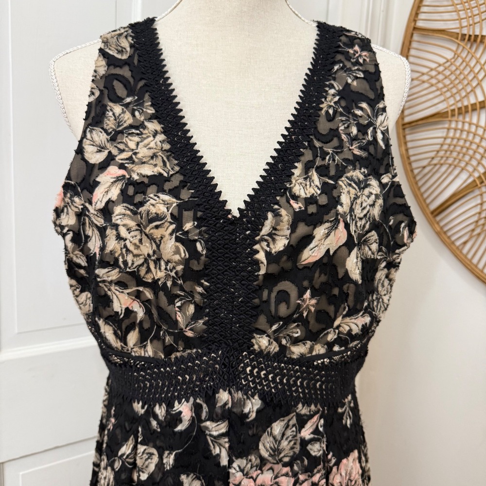 Antonio Melani Burnout Overlay Dress 10 Black Nude Midi Cocktail Evening - Picture 2 of 7